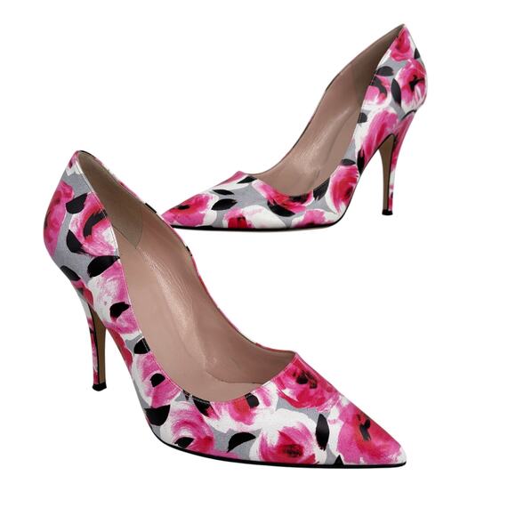 Kate Spade Pump Heels Size 8.5  Licorice Pink Floral Leather Pointed Toe Italy - Picture 1 of 8